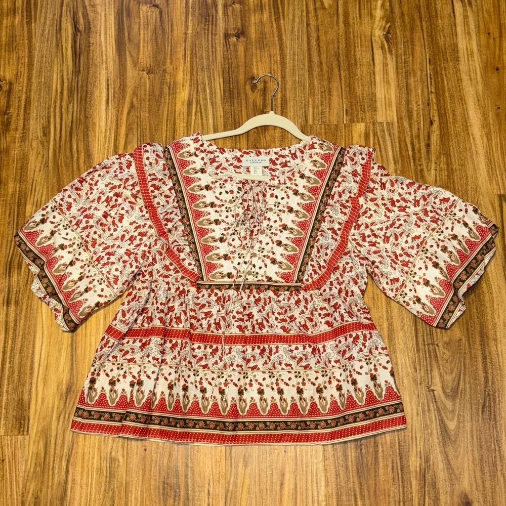 Calypso St Barth womens large Blouse Top Red Cream Floral Quilted Puff Sleeve